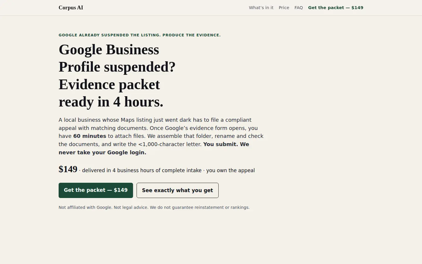 Corpus AI Google Business Profile packet storefront in a browser frame