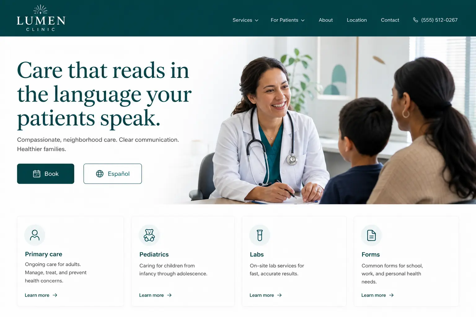 Example clinic homepage cropped in a phone frame