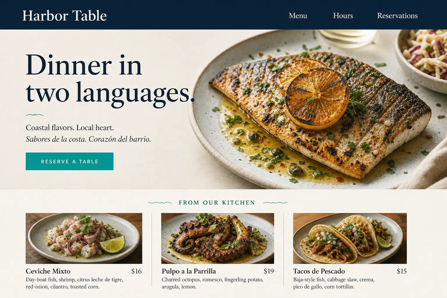 Example restaurant landing page in a browser frame